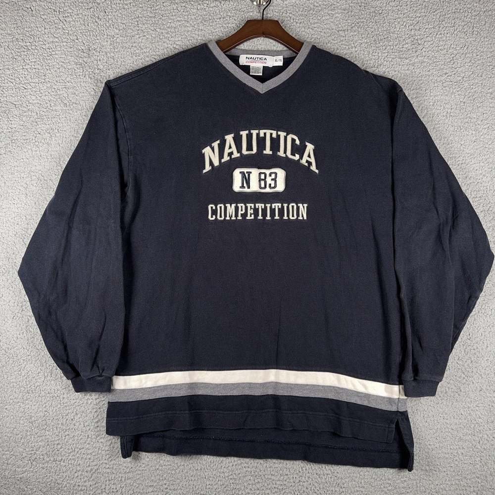 Vintage Nautica Competition V Neck Sweatshirt Mens XL Navy Spell Out N83 Cotton